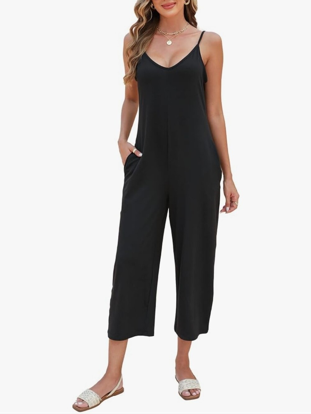 Spaghetti Strap V Neck Loose Tie Dye Cami Top Stretchy Jumpsuit Long Romper